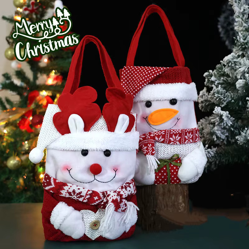 Weihnachtliche Stofftasche mit Santa Claus, Schneemann und Elch als Dekoration für Süßigkeiten und Geschenke, Mehrfarbig - Bild 4