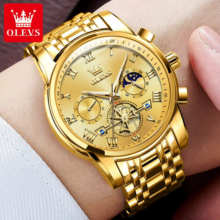 Olevs Armbanduhr Herren, Quarz, Edelstahl, Gold, Blau, Rund - Bild 3