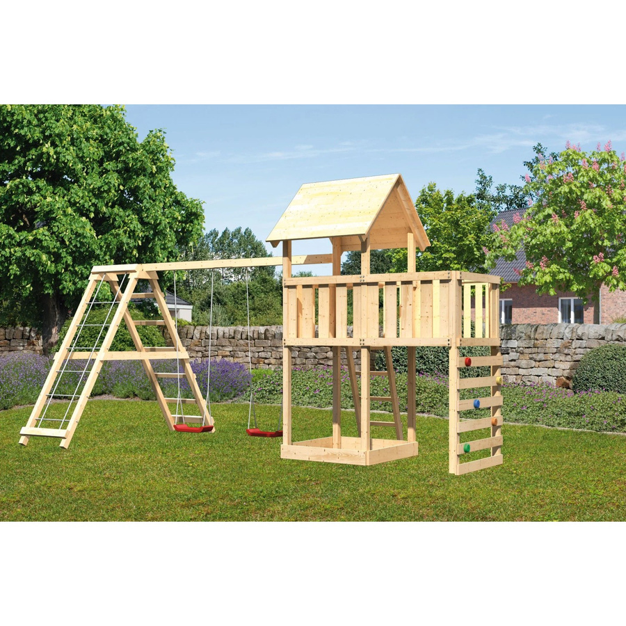 Karibu Spielturm Lotti mit Doppelschaukel, Klettergerüst, Anbauplattform und Kletterwand - Bild 2