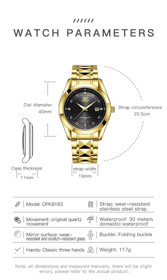 OPK Armbanduhr, Quarz, Edelstahl, Gold, Schwarz, Herren - Bild 6