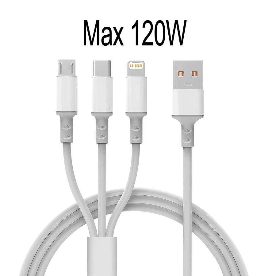 KADIXI 3-in-1 USB-C Schnellladekabel mit 120W und 3A, weißes Datenkabel für iPhone 17, 15, 14, Xiaomi und Huawei - Bild 2