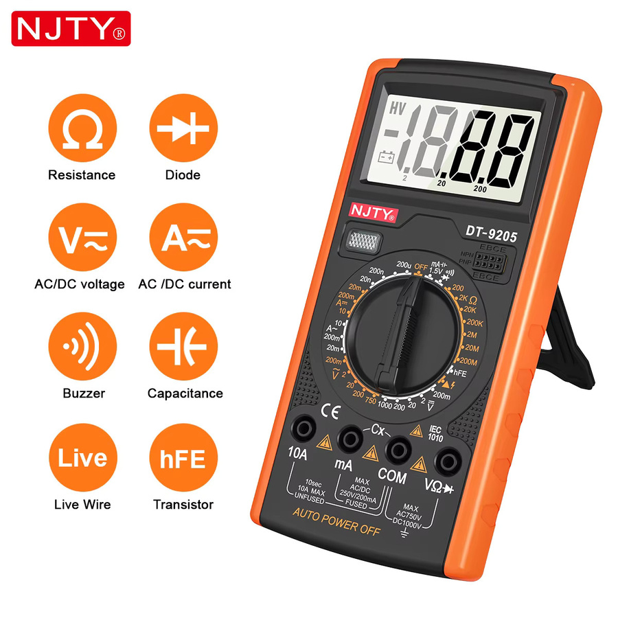 NJTY Digitales Multimeter in Orange als professioneller AC/DC-Spannungs-, Strom- und Frequenztester mit Ohmmeter und Amperemeter - Bild 2