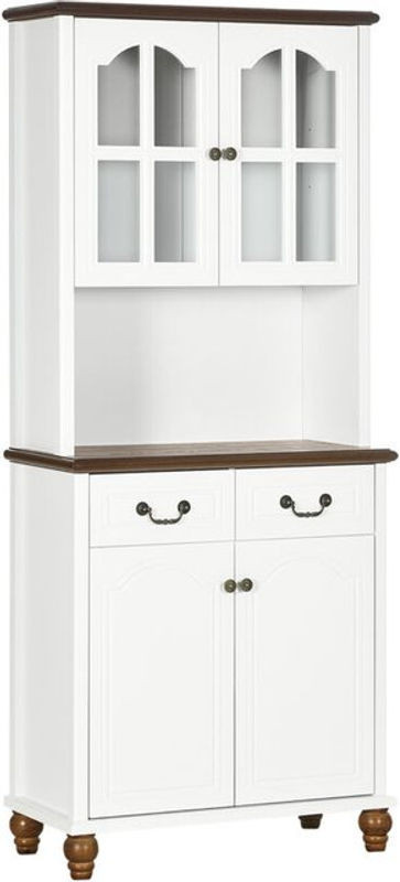 HOMCOM Küchenschrank Hochschrank im Landhausstil mit Arbeitsplatte, 4 Türen und 2 Schubladen, Buffetschrank und Mikrowellenschrank in Weiß und Braun - Bild 1