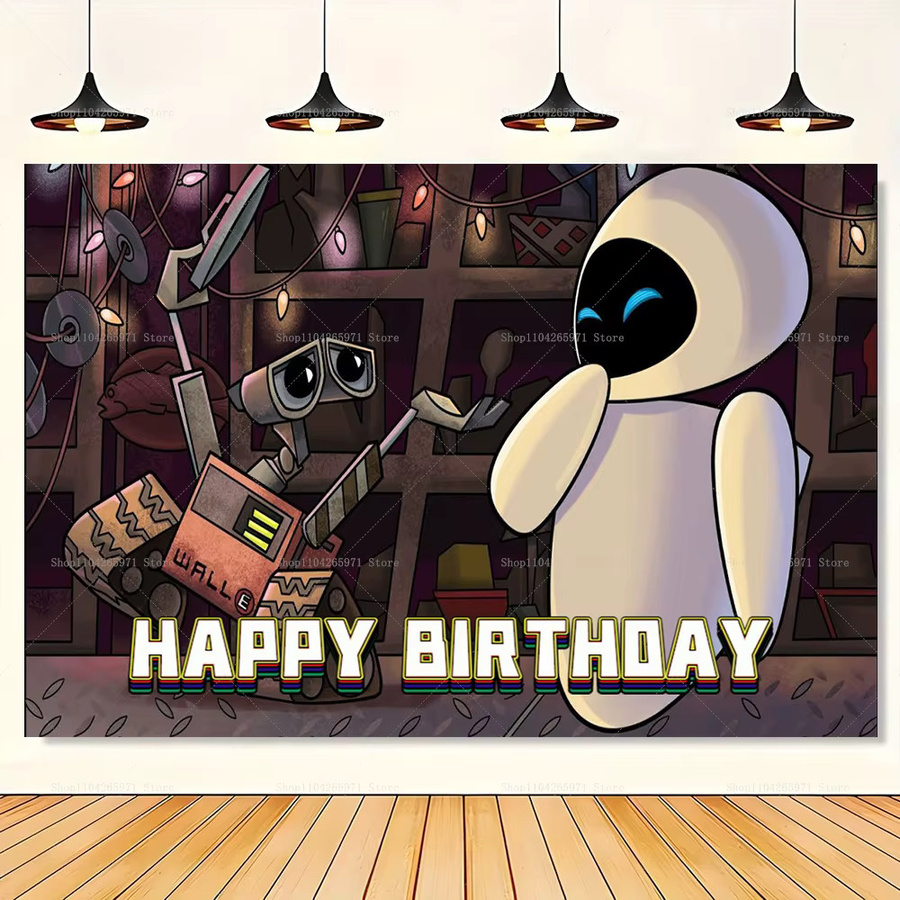 Disney WALL-E und Eve Fotohintergrund für Kindergeburtstage und Babypartys, Cartoon Roboter Weltraum Illustration, Mehrfarbig - Bild 2