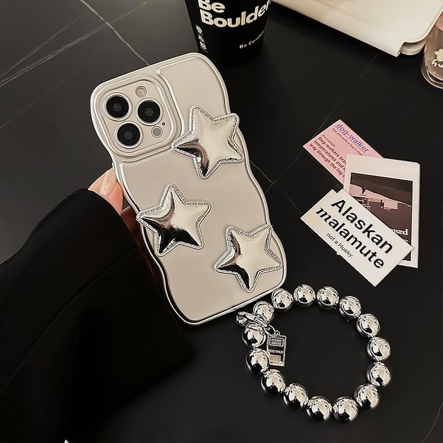 MUQGEW Handyhülle mit 3D Puff Star Design und Armbandkette für iPhone 11 bis 16 Pro Max, silber, stoßfeste Abdeckung - Bild 1