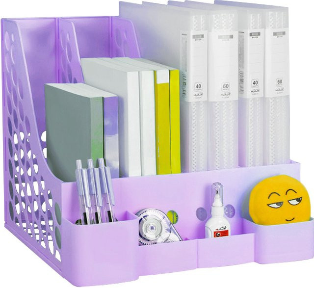 HUA JIE Desktop-Büro-Aktenregal mit 4 Gittern und Stifthalter aus Kunststoff in Blau oder Lila - Bild 1