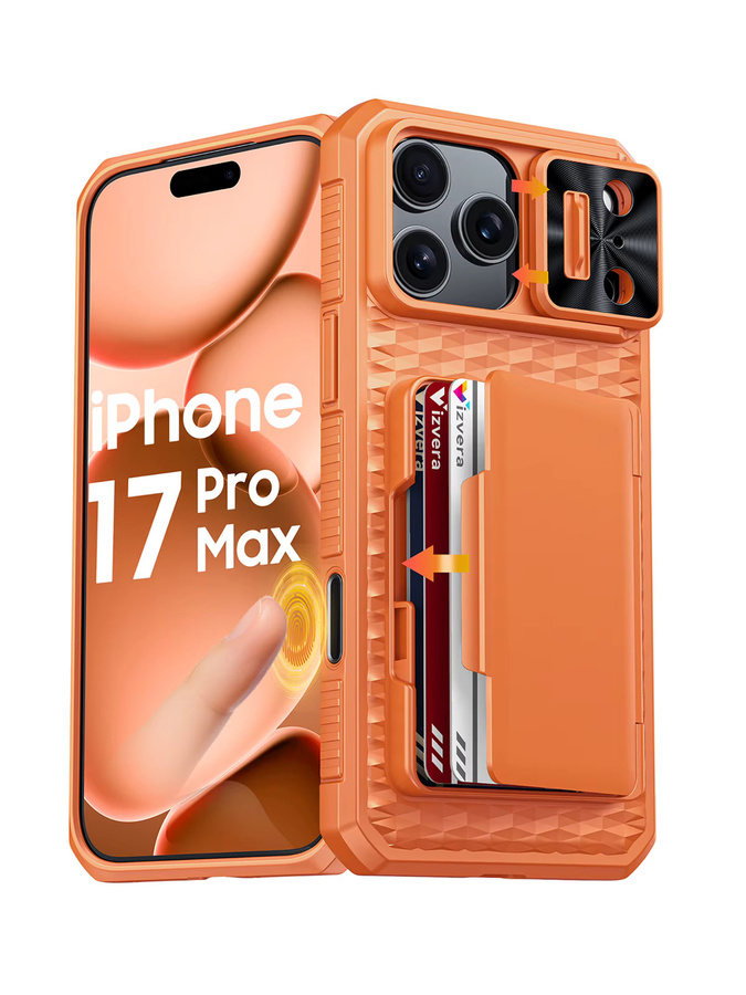 BANGZAO Wallet Case für iPhone 17 Pro Max mit Kartenhalter, Schiebe-Kameraabdeckung und Standfunktion in Orange - Bild 7