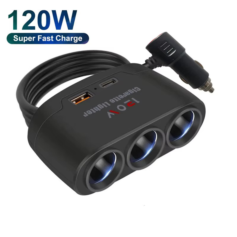 Kebidumei 3 in 1 Auto Zigarettenanzünder Adapter mit 120 W Dual USB Schnelles Ladegerät für iPhone, GPS und Dashcam, Schwarz - Bild 2