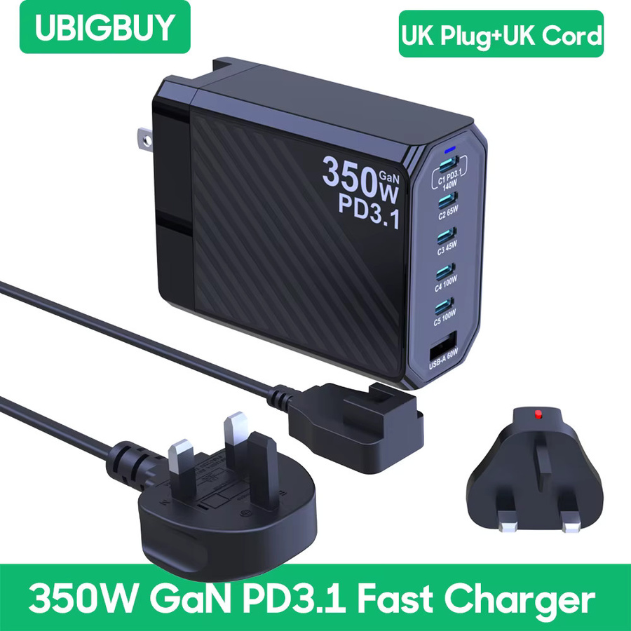 UBIGBUY 350 W GaN Schnellladegerät mit 140 W PD3.1 und QC PPS USB-Ladestation in Schwarz für MacBook Pro, iPhone, Samsung, Laptop und Tablet - Bild 7