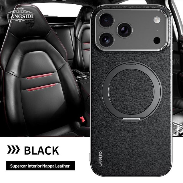 Magnetischer Leder-Ring für MagSafe iPhone 17 und 18 Pro Max mit Linsenschutz in Schwarz - Bild 1
