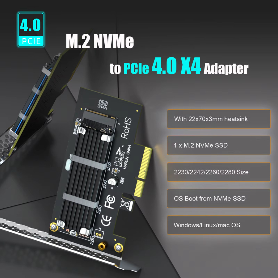GLOTRENDS M.2 PCIe-Adapter mit Kühlkörper für NVMe SSD, PCIe 4.0 x4 Schnittstelle, Schwarz - Bild 2