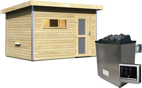 Karibu Saunahaus Schwanenburg 2 aus Fichtenholz in Beige mit 9 kW Ofen und externer Steuerung, B/T/H: 337 x 231 x 239 cm - Bild 1
