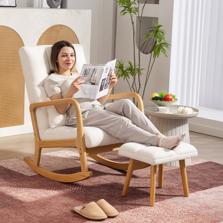 HOMCOM Schaukelstuhl mit Hocker in Weiß, gepolsterter Relaxsessel mit Fleece-Bezug, hoher Rückenlehne und Armlehnen, skandinavisches Design mit Holzkufen aus Gummholz - Bild 2