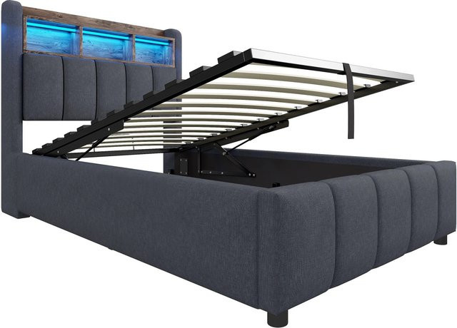 okwish Kinderbett in Grau mit LED-Beleuchtung, USB-Ladeanschluss und Stauraum, B/T/H: 90 x 200 x 215 cm - Bild 1
