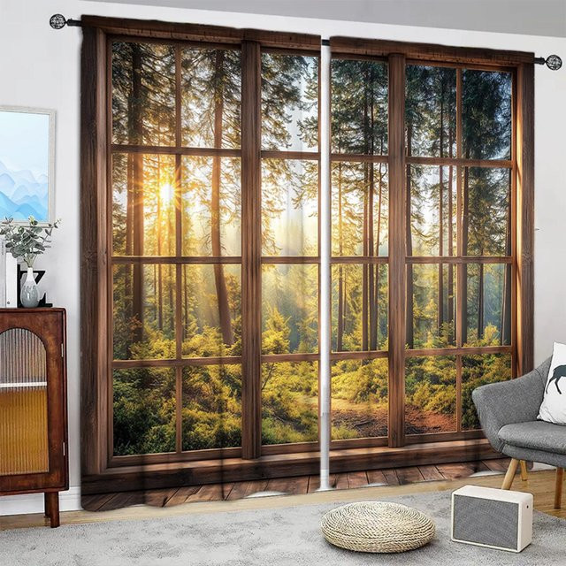 2er-Set Halloween Vorhänge mit Wald-Print in Braun, halbtransparentes Fensterdekor aus Polyester, Breite: 52,5 cm, Höhe: 116 cm - Bild 1