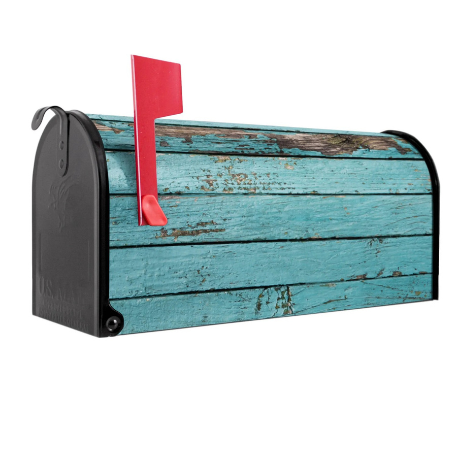 Banjado Amerikanischer Briefkasten Schwarz mit blauen Holzlatten und roter Fahne, B/T/H: 48 x 22 x 16 cm - Bild 1