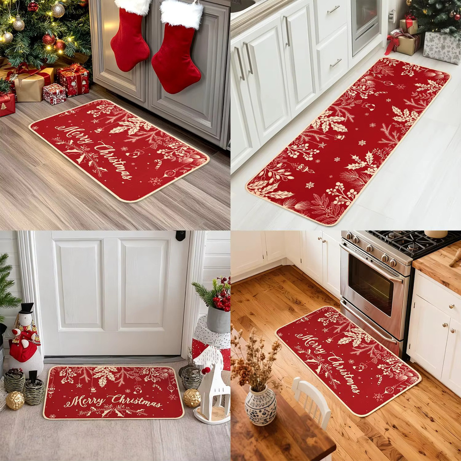 VIKAMA 2-teiliges Weihnachtsdekor Set mit Küchenteppich und Schiebe-Fußmatte in Rot im Bauernhaus-Stil für Küche und Schlafzimmer - Bild 4