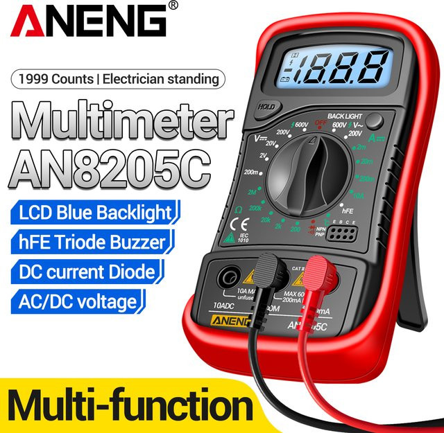 ANENG Digitalmultimeter AN8205C mit blauer Hintergrundbeleuchtung für AC/DC Spannung, Temperatur und hFE Triode Test - Bild 1