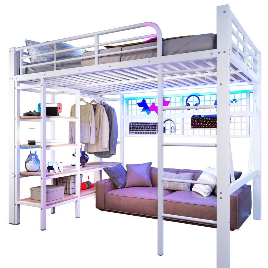 Modernes Hochbett mit L-förmigem Schreibtisch in Weiß, inklusive LED-Beleuchtung, Ladestation, Ablagefächern und Stoffschubladen, B/T/H: 140 x 200 cm - Bild 3