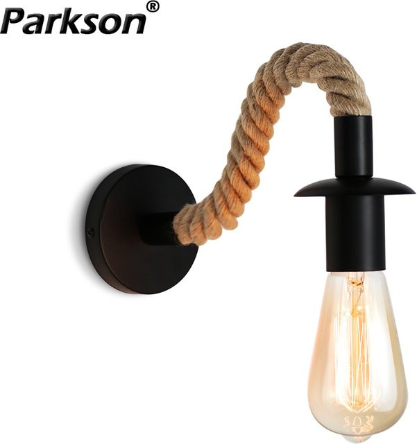 PARKSON Vintage Hanfseil Wandleuchte E27 Retro Wandlampe aus Holz und Metall für Wohnzimmer, Badezimmer und Flur in Schwarz und Braun - Bild 1