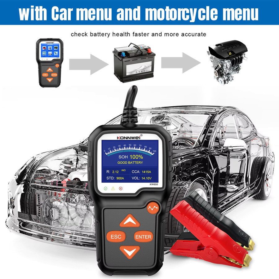 KONNWEI KW650 Batterie Tester und Analysator für Auto und Motorrad, 12V/6V, 2000CCA, Schwarz - Bild 4