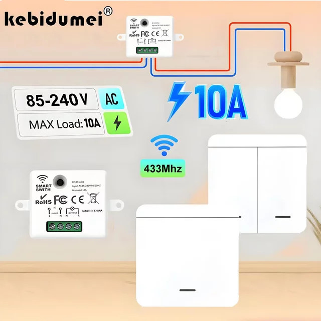 Kebidumei Drahtloser Lichtschalter RF433MHz Smart Beleuchtungsschalter für LED und Lampen, Farbe: Weiß - Bild 1