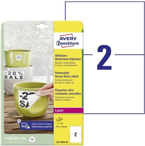 Avery Zweckform L4717REV-20 Folien-Etiketten Weiß, 40 Stück, Polyester, wasserfest, wiederablösbar, für Laserdrucker, A5 Format - Bild 1