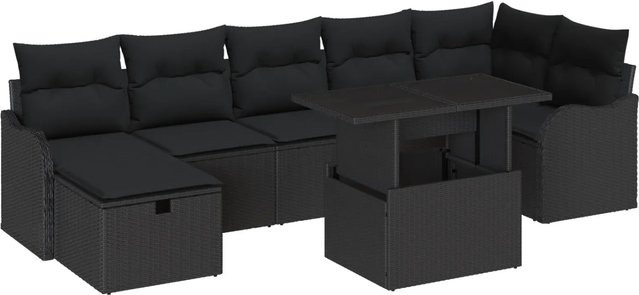 vidaXL Garten-Sofa-Set aus Polyrattan in Schwarz, 8-teiliges L-Shape Lounge-Set mit Kissen, Ottoman und Couchtisch für Terrasse und Balkon - Bild 1