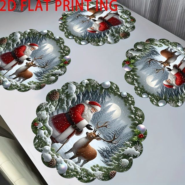 VIKAMA Weihnachts-Tischsets mit gewellten Kanten in Rundform mit Weihnachtsmann und Schneeszene für deine Weihnachtsdekoration - Bild 1