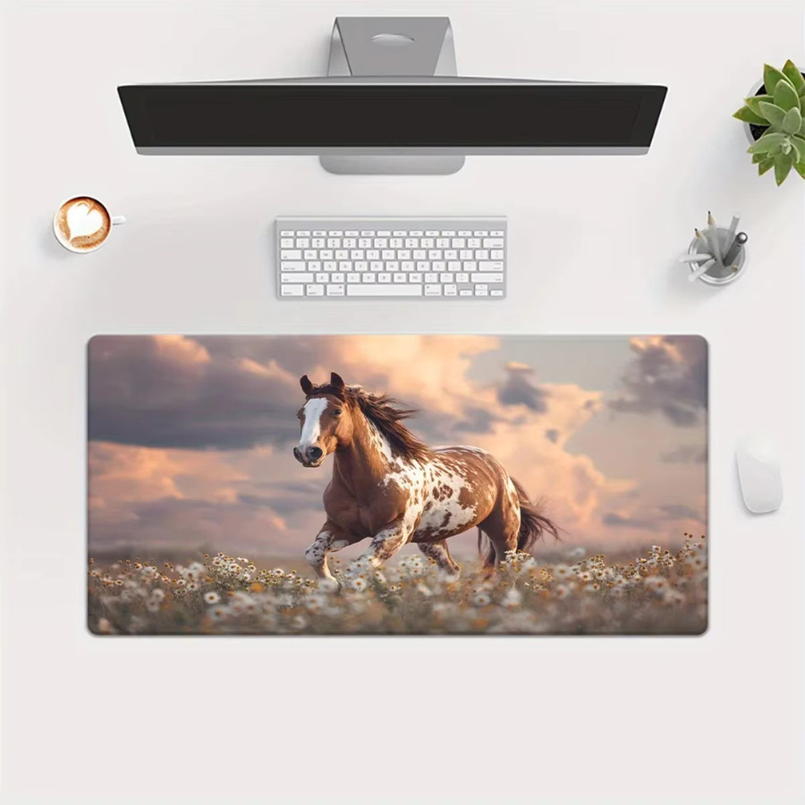 Mauspad mit Sonnenuntergang, Wildpferderennen und weißem Gänseblümchen-Design in Multicolour und Weiß, rutschfeste Gummibasis, verdickt und langlebig für Gaming und Büro - Bild 2