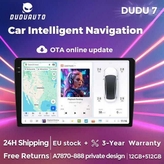 DUDUAUTO DUDU7 Multimedia Autoradio mit GPS Navigation, 4G und WIFI, Schwarz, Universal für Benz BMW VW SEAT Toyota Nissan Fiat - Bild 1