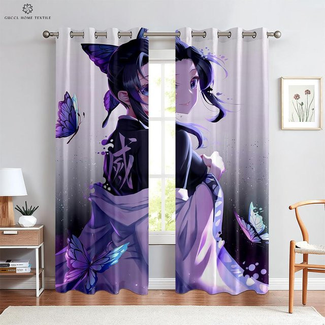 Yiran Furniture Vorhänge mit japanischen Cartoon-Prints für Kinder, 2er-Set, Farbe: Lila, Breite: 120 cm, Höhe: 270 cm - Bild 1