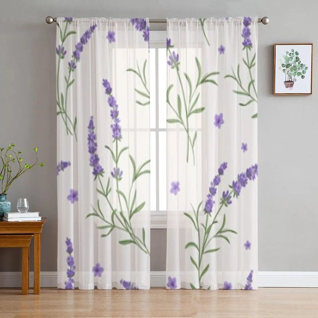 Dekorativer Tüllvorhang mit Lavendelblüten-Design von A Family Of Home Textiles, transparent, weiß/mehrfarbig, B: 135 cm, H: 114 cm - Bild 1
