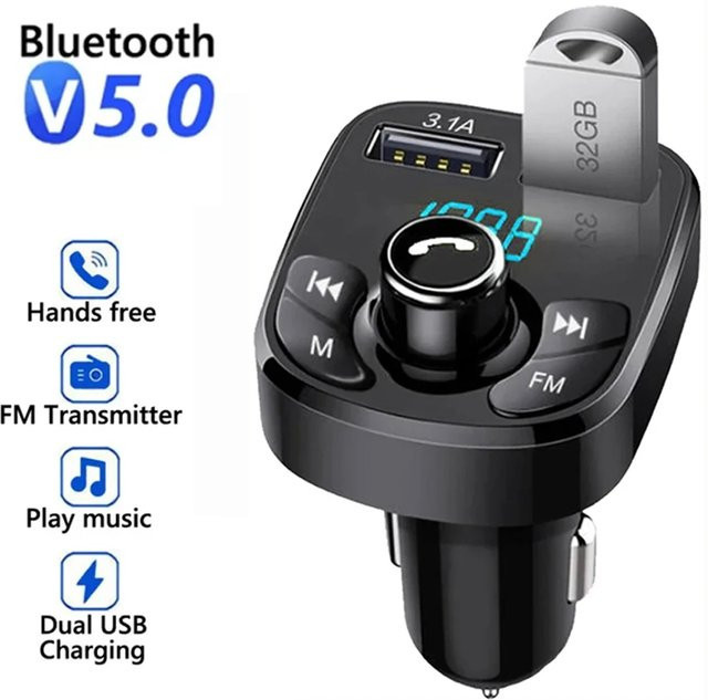 Bluetooth Auto-Freisprecheinrichtung mit FM-Transmitter, MP3-Modulator und 2 USB-Schnellladegeräten in Schwarz - Bild 1