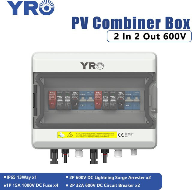 PV Combiner Box für Solar Photovoltaik mit 2 Eingängen und 2 Ausgängen, DC600V, inklusive Blitzschutz SPD und MCB Sicherung, wasserdichte IP65 Box - Bild 1