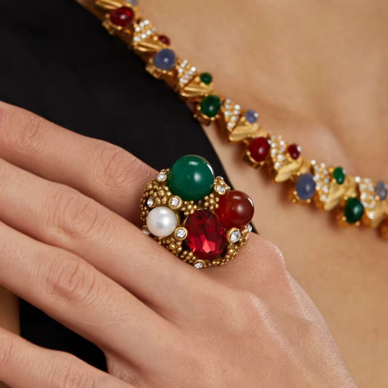 Icareu Blumenring, grüner Stein, Strass, antikgoldfarben, Damen - Bild 4