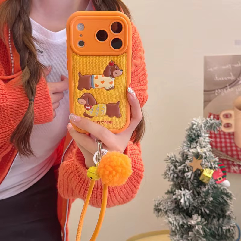 Stoßfeste Leder-Handyhülle mit Hundemuster und Umhängeband für Apple iPhone 17, 16, 15, 14, 13 Pro und Pro Max in Orange - Bild 2