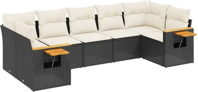 vidaXL 7-tlg. Garten-Sofagarnitur in L-Form aus Polyrattan mit Kissen, Schwarz - Bild 1