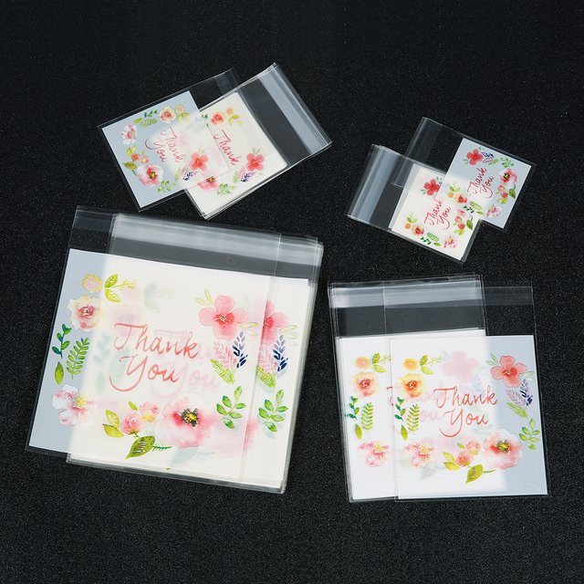 100 Stück Selbstklebende OPP Beutel mit Blumenmuster und Danke-Aufdruck, Transparente Plastiktüten für Geschenke und Süßigkeiten - Bild 1