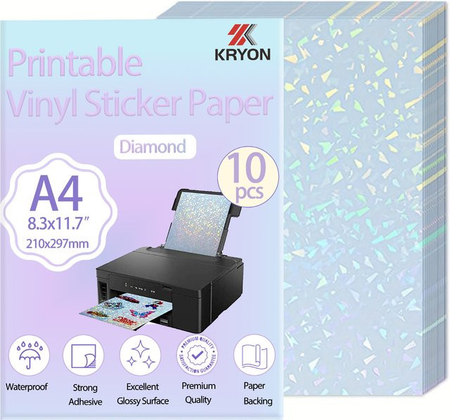 10 Blatt holografisches Diamant-Aufkleberpapier in A4, transparent und wasserfest, selbstklebende Vinyl-Aufkleberbögen für Tintenstrahl- und Laserdrucker - Bild 1