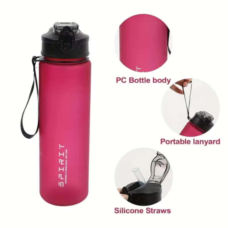Grinkwell Frosted Sportwasserflasche aus BPA-freiem PC mit Silikonstrohhalm und Trageseil, Schwarz, 750 ml - Bild 1