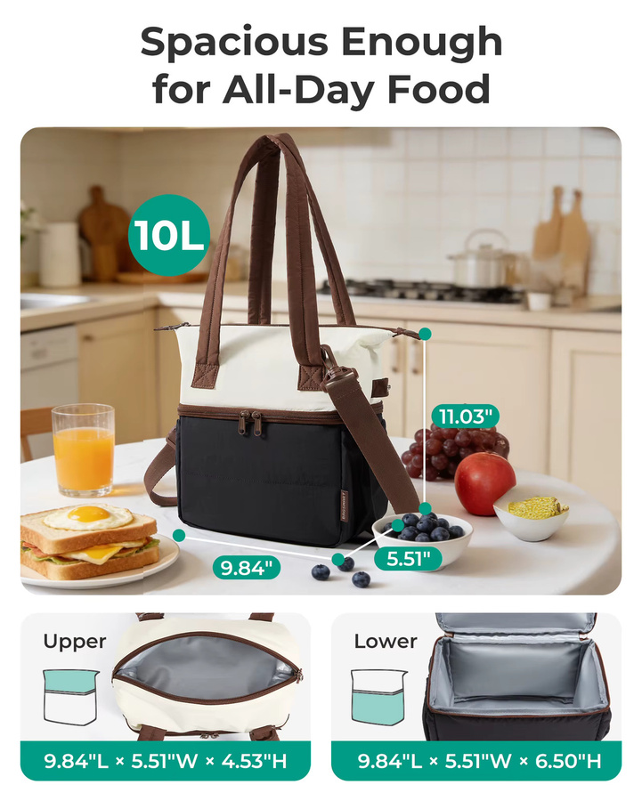 BAGSMART Isolierte Lunchtasche mit Schultergurt, tragbare Thermo-Kühltasche für Büro und Schule, Schwarz/Weiß - Bild 3