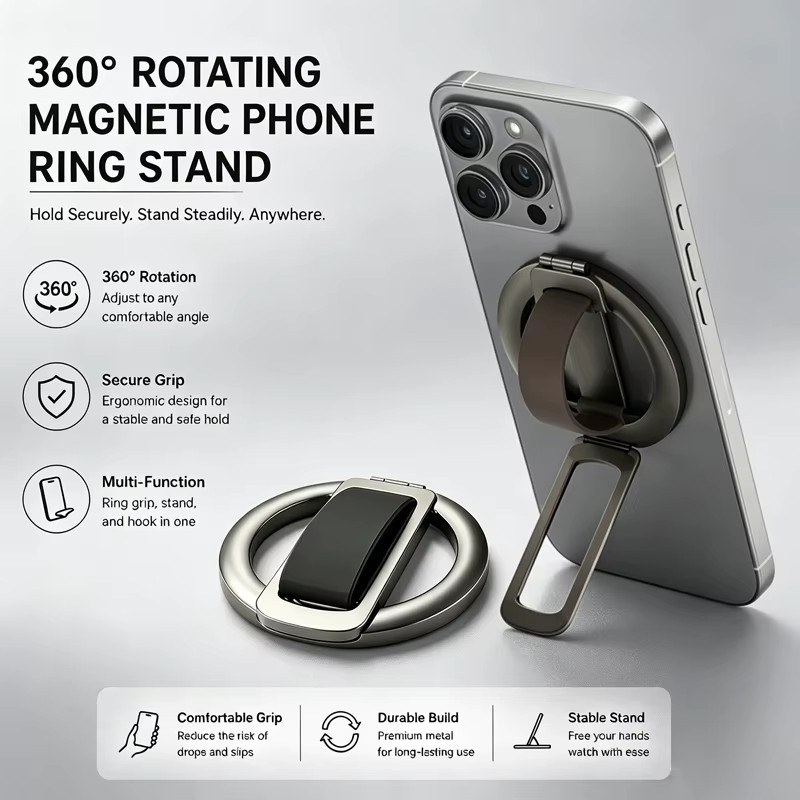 WSSHE Magnetischer faltbarer Telefonhalter aus Silikon mit 360 Grad drehbarer MagSafe-Funktion in Schwarz - Bild 2