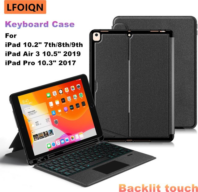 LFOIQN Tastaturhülle für iPad 10,2 Zoll (7., 8. und 9. Generation), iPad Air 3 und iPad Pro 10,5 Zoll, magnetisches Smart Cover mit Hintergrundbeleuchtung in Schwarz - Bild 1