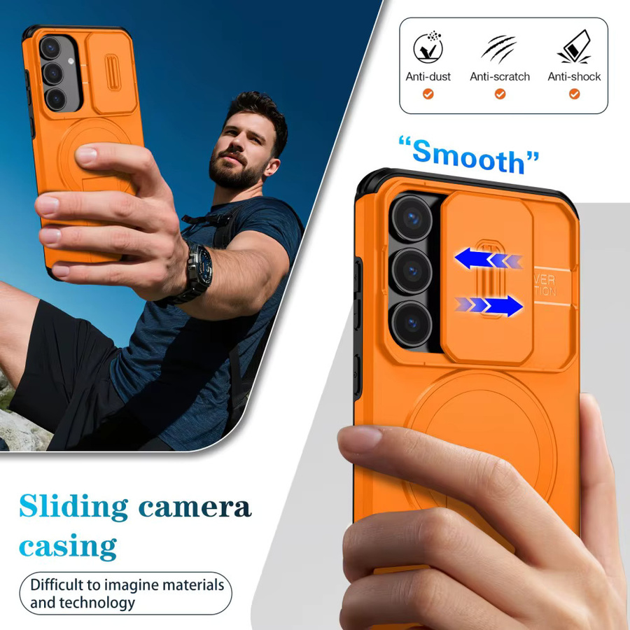 Stoßfeste Magnet-Schutzhülle für Samsung Galaxy S25, S24, S22 Ultra Plus FE mit Kamera-Schutz und Slide-Funktion in Orange - Bild 3
