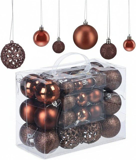 Relaxdays Weihnachtskugeln 50er Set aus Polystyrol in Braun mit glänzenden, matten und glitzernden Oberflächen - Bild 1