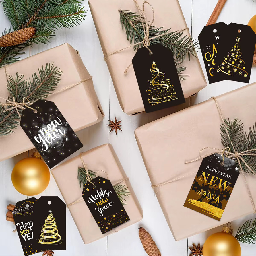 24er Set Frohes Neues Jahr Etiketten in Schwarz und Gold aus Papier für deine DIY Geschenke und Neujahrsfeierlichkeiten - Bild 1