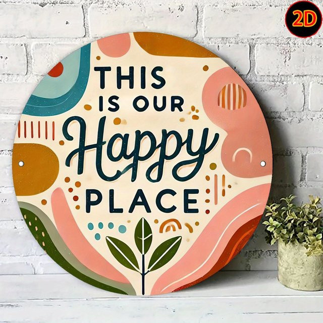 Rundes Wandkunstschild aus Metall von Potdemiel mit dem Schriftzug This Is Our Happy Place in farbenfrohem, abstraktem und geometrischem Vintage-Design, Durchmesser: 20 cm - Bild 1