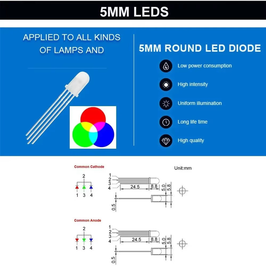 YTDMEN RGB LED Diode Set mit 100 Stück, 5mm, Transparent, Multicolour, Gemeinsame Kathode oder Anode für DIY Projekte - Bild 2
