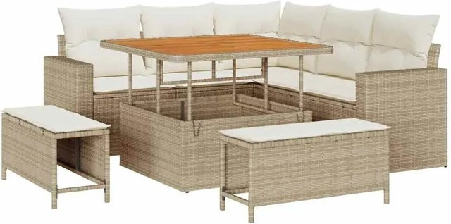 vidaXL Garten-Sofa-Set 8-teilig aus Poly-Rattan und Stahl in Beige mit Polsterkissen und Tisch - Bild 1